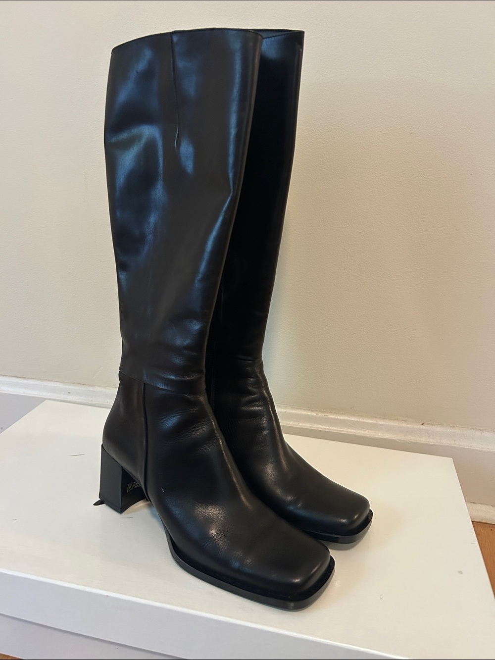 Black Leather Knee-High Block Heel Boots